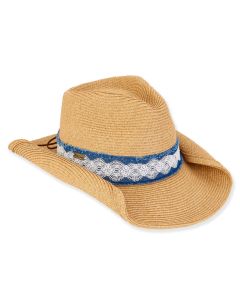 Sun N Sand Ladies Paper Straw Riiska Western Hat With Denim & Lace Trim